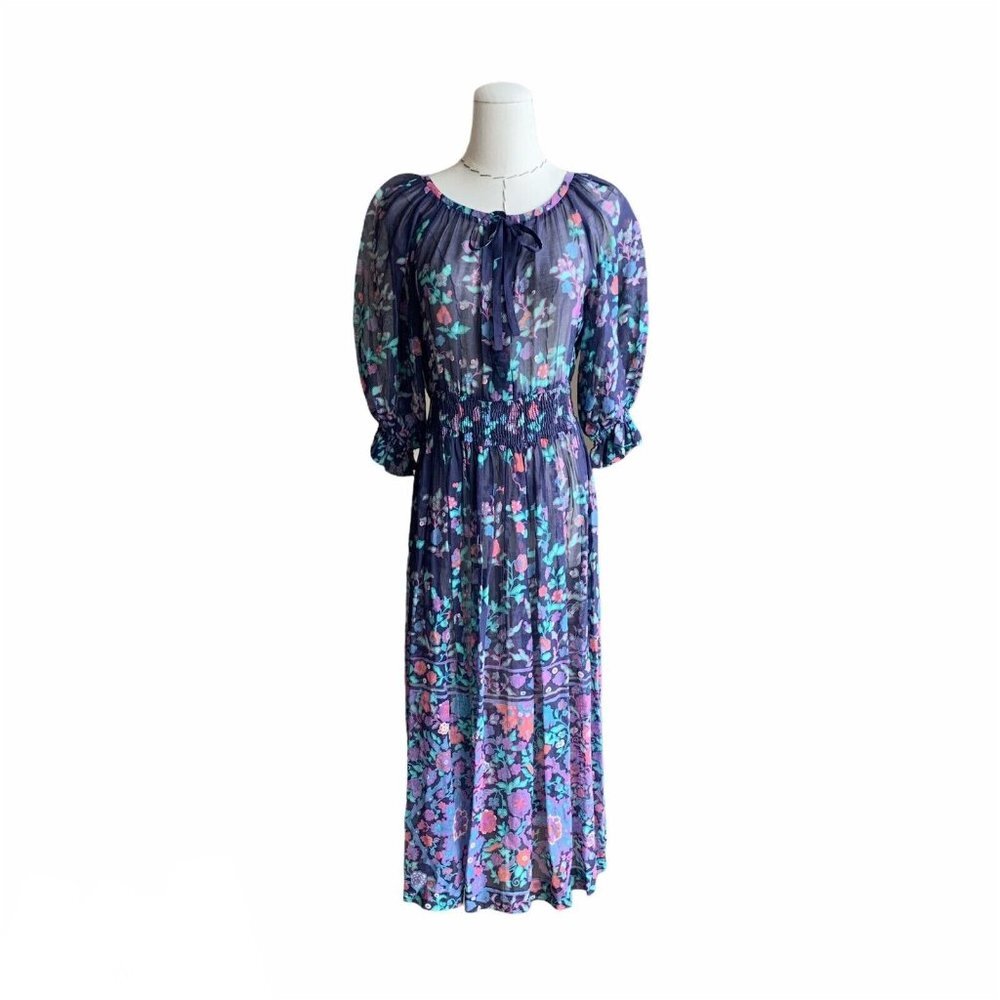 Vintage 70s Ted Lapidus Boutique Sheer Floral Dress Puff Sleeve Peasant YSL